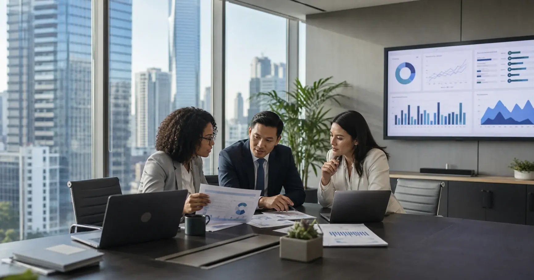 Pharmacy Professionals Discussing Benefits in Modern Office