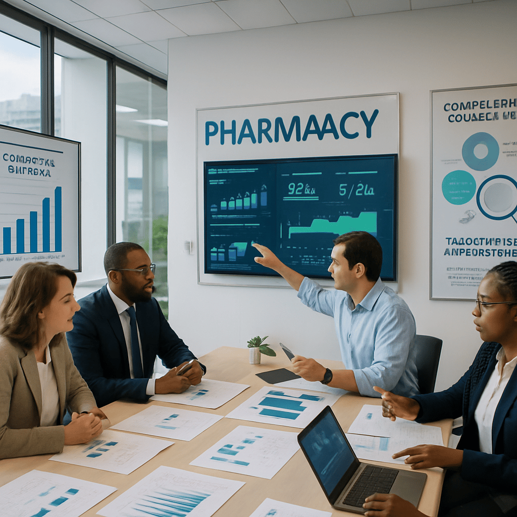 The image depicts a modern pharmacy benefit management office bustling with activity Bright natural light floods through large windows illuminating a-1